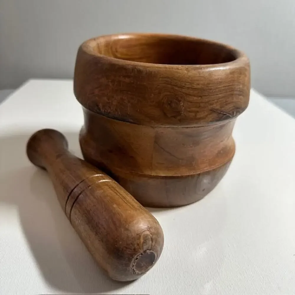 Hand Carved Wooden Mortar & Pestle Solid Wood Herb Spice Grinder Rustic